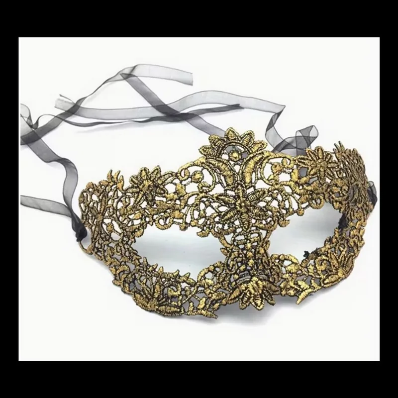 Masque de mascarade en dentelle dorée avec rubans noirs