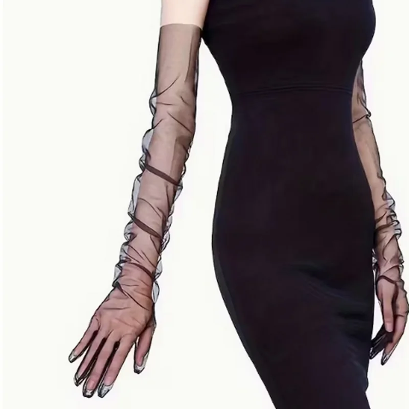 Gants longs en maille noire transparente