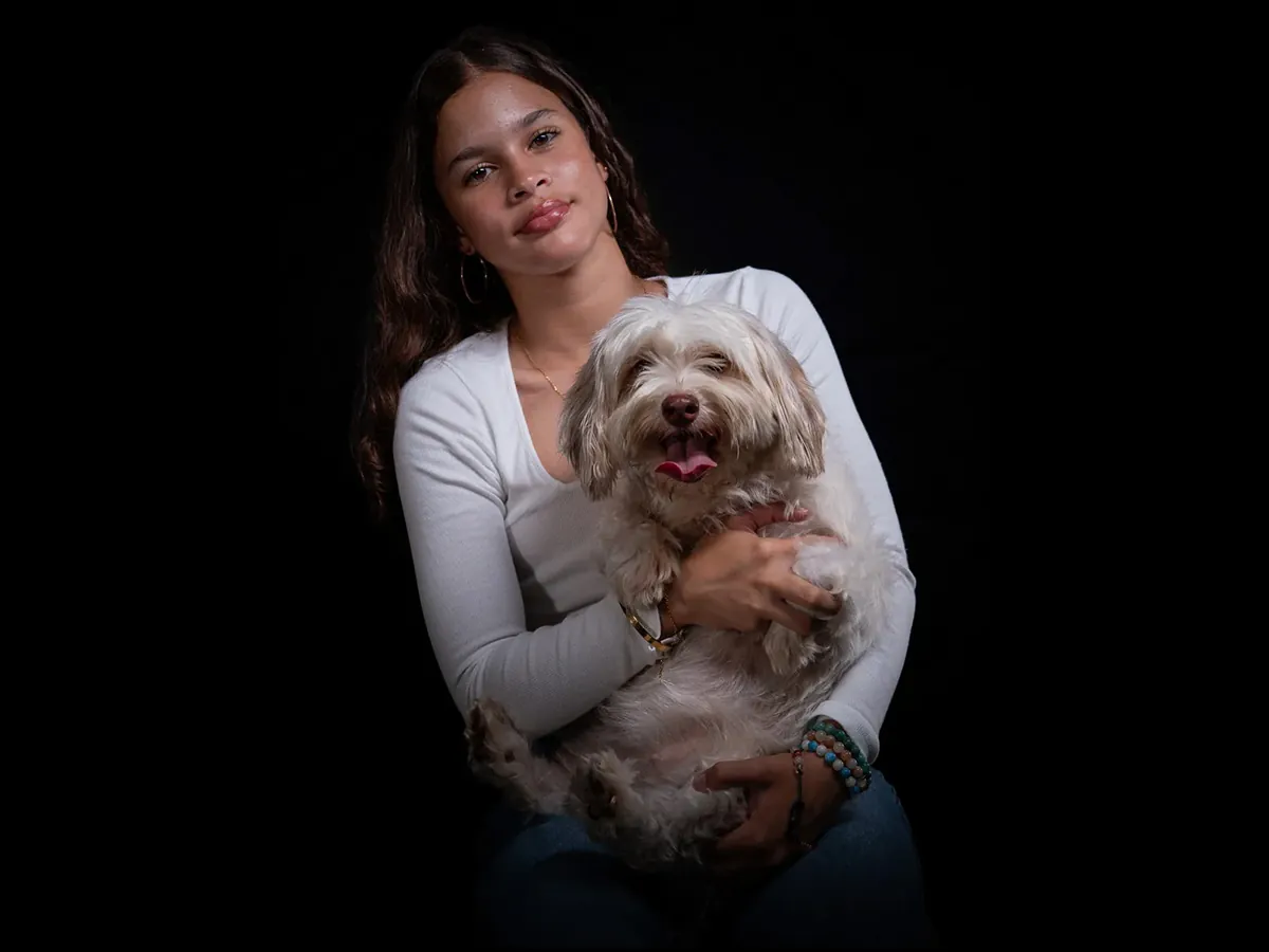 Expressive pet portrait photographed in a calm Mauritius studio