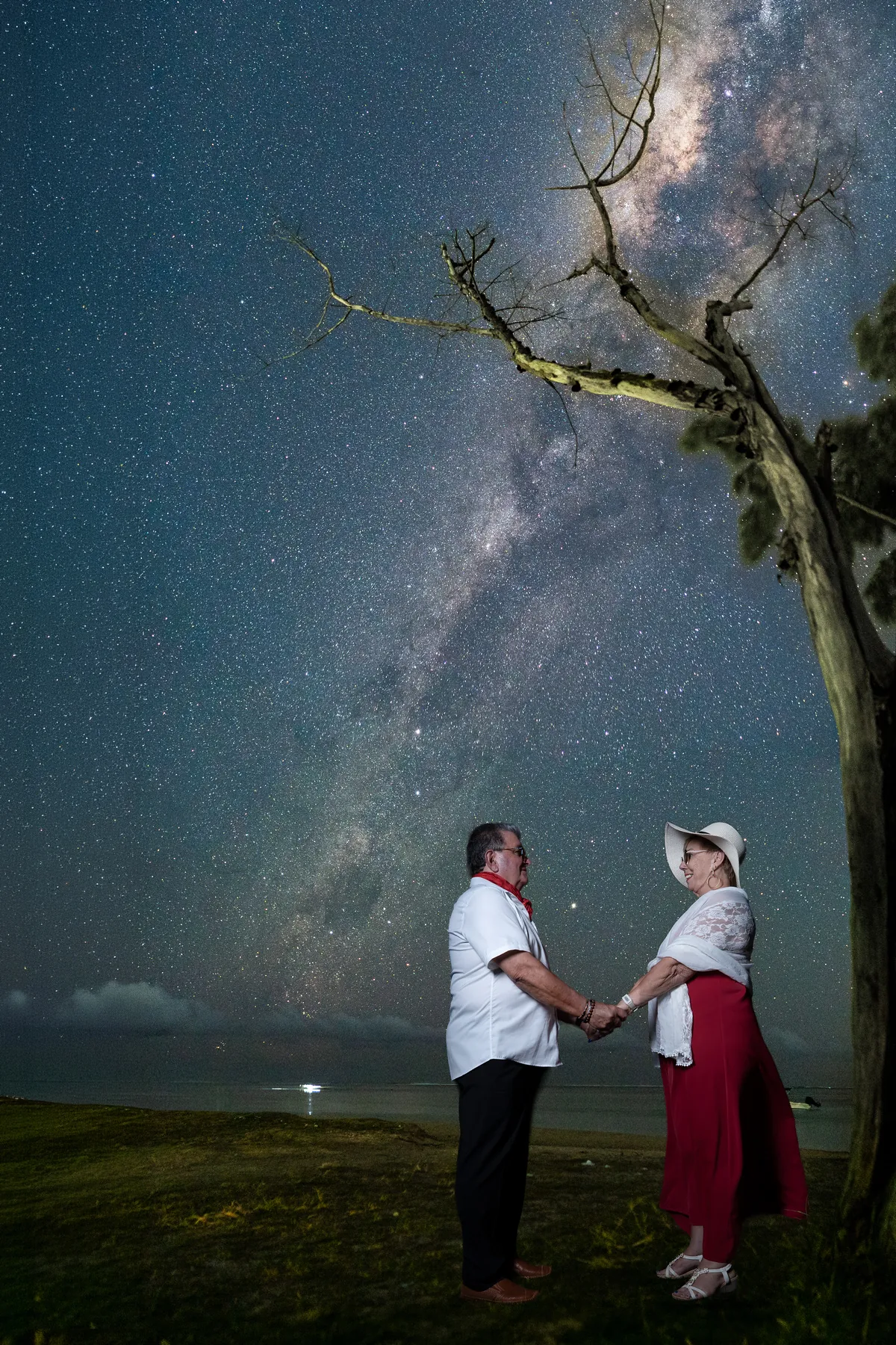Couple holding hands beneath the Milky Way beside a bare tree during a night portrait session